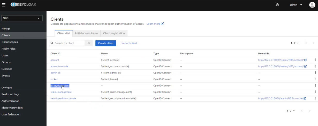 Keycloak Clients list in the NBS realm with di-keycloak-client highlighted in the Client ID column