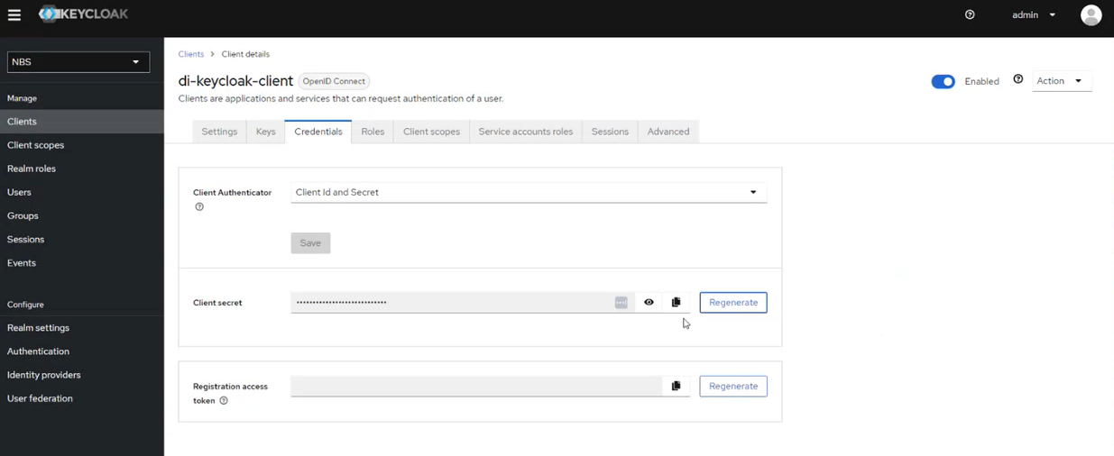 Keycloak Credentials tab for di-keycloak-client showing the masked client secret field with eye and copy icons and a Regenerate button