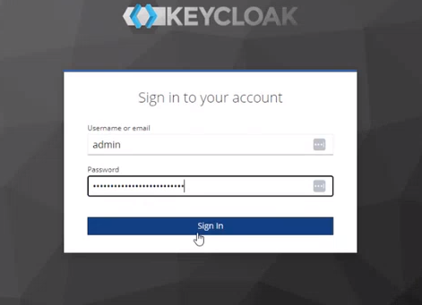 Keycloak sign-in form with username and password fields and a Sign in button