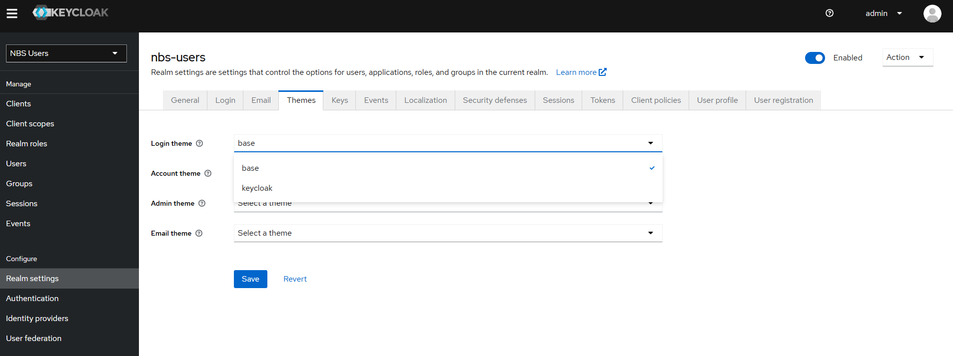 Keycloak Themes tab in Realm settings for the nbs-users realm, with the Login theme drop-down open showing base and keycloak options