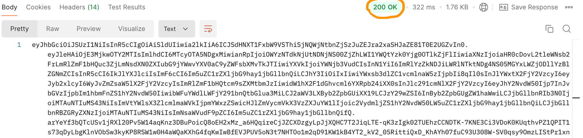 Postman response showing HTTP 200 OK and returned JWT token