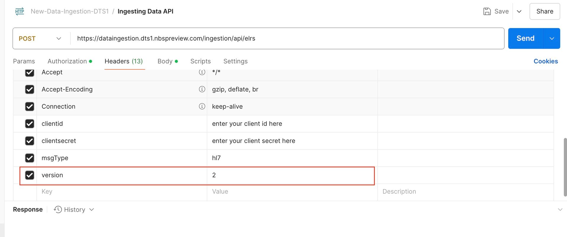 Postman request to the ELR ingestion endpoint showing the version header set to 2, alongside clientid, clientsecret, and msgType headers