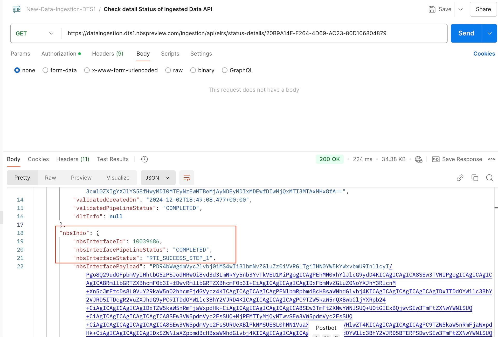 Postman response from the Check detail Status of Ingested Data API GET endpoint showing the nbsInfo object with nbsInterfaceStatus set to RTI_SUCCESS_STEP_1