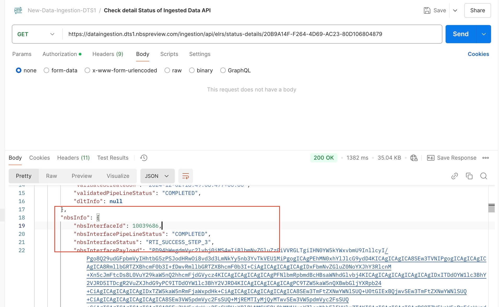 Postman response from the Check detail Status of Ingested Data API GET endpoint showing the nbsInfo object with nbsInterfaceStatus set to RTI_SUCCESS_STEP_3