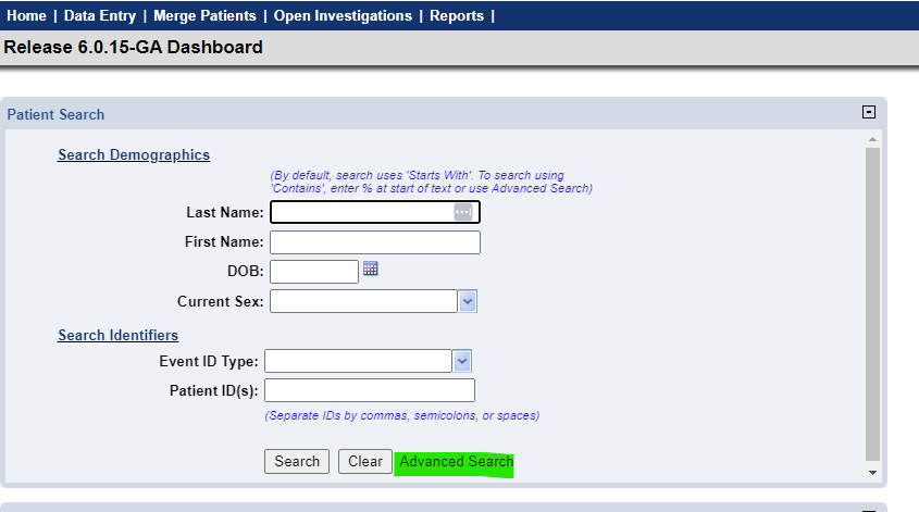 Advanced Search button in the NBS UI