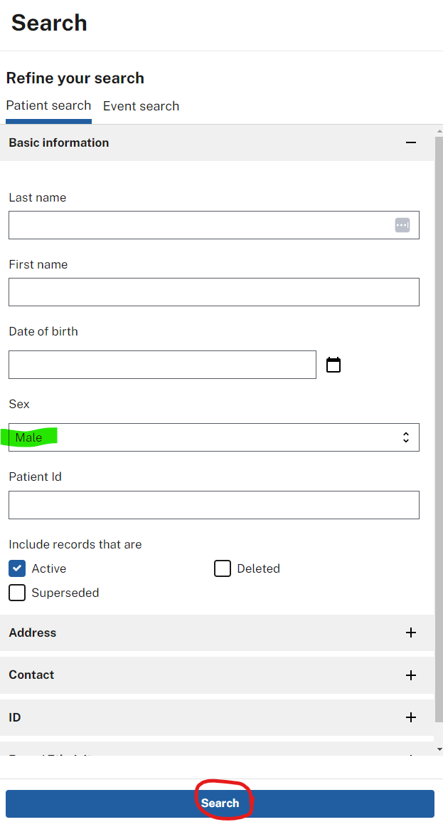 Patient search form with Sex drop-down set to Male