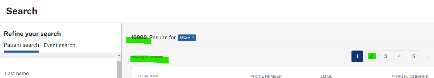 Search results pane showing patient records
