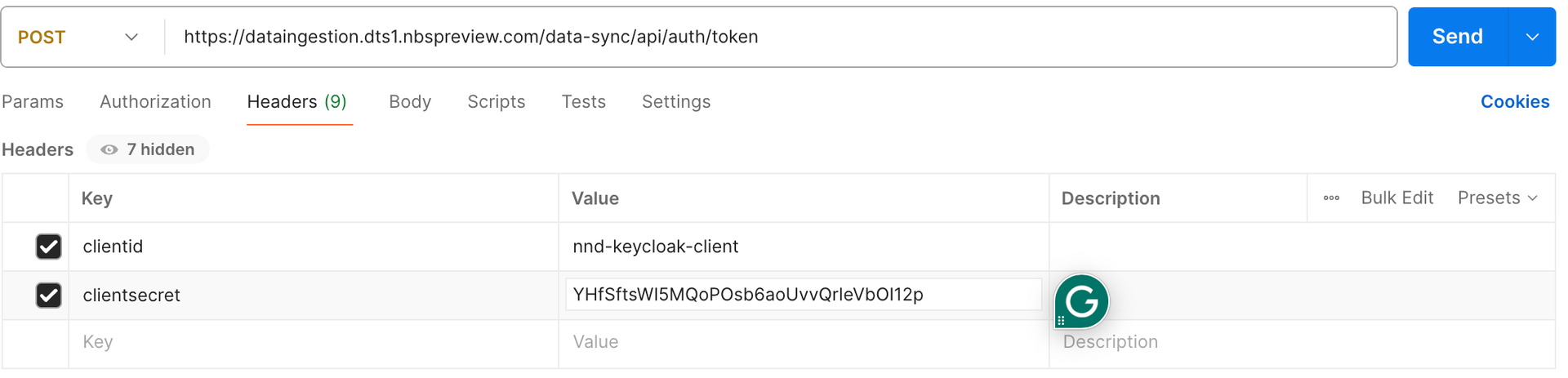 Postman request configured for token generation endpoint with clientid and clientsecret headers