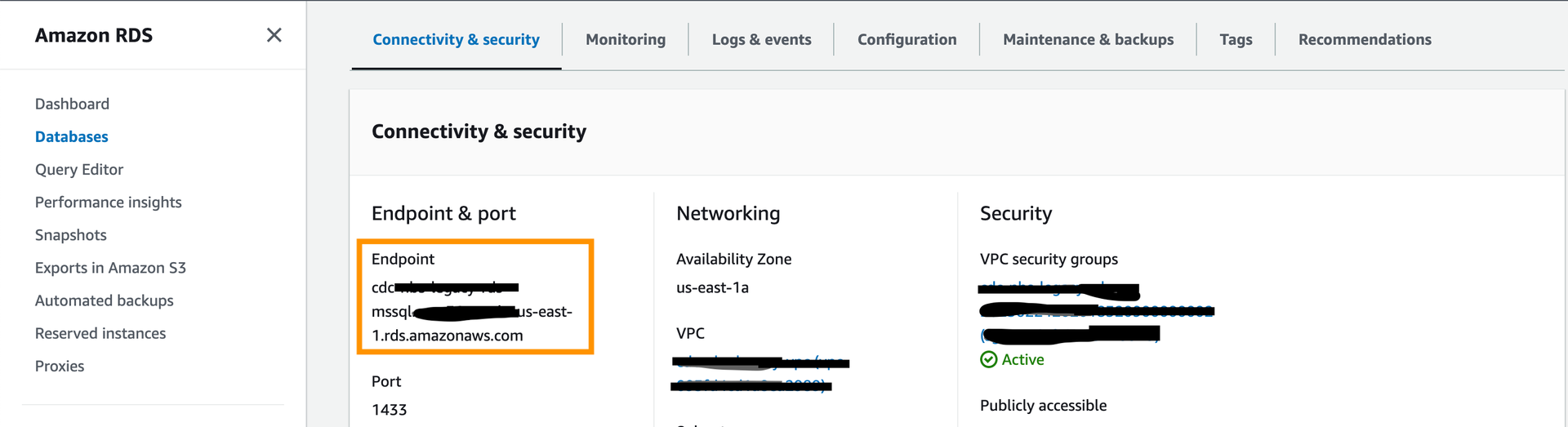 Amazon RDS console showing the Connectivity and security tab with the database endpoint highlighted in the Endpoint and port section