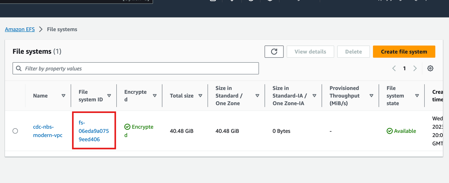 Amazon EFS console showing the File systems list with the file system ID highlighted in the File system ID column