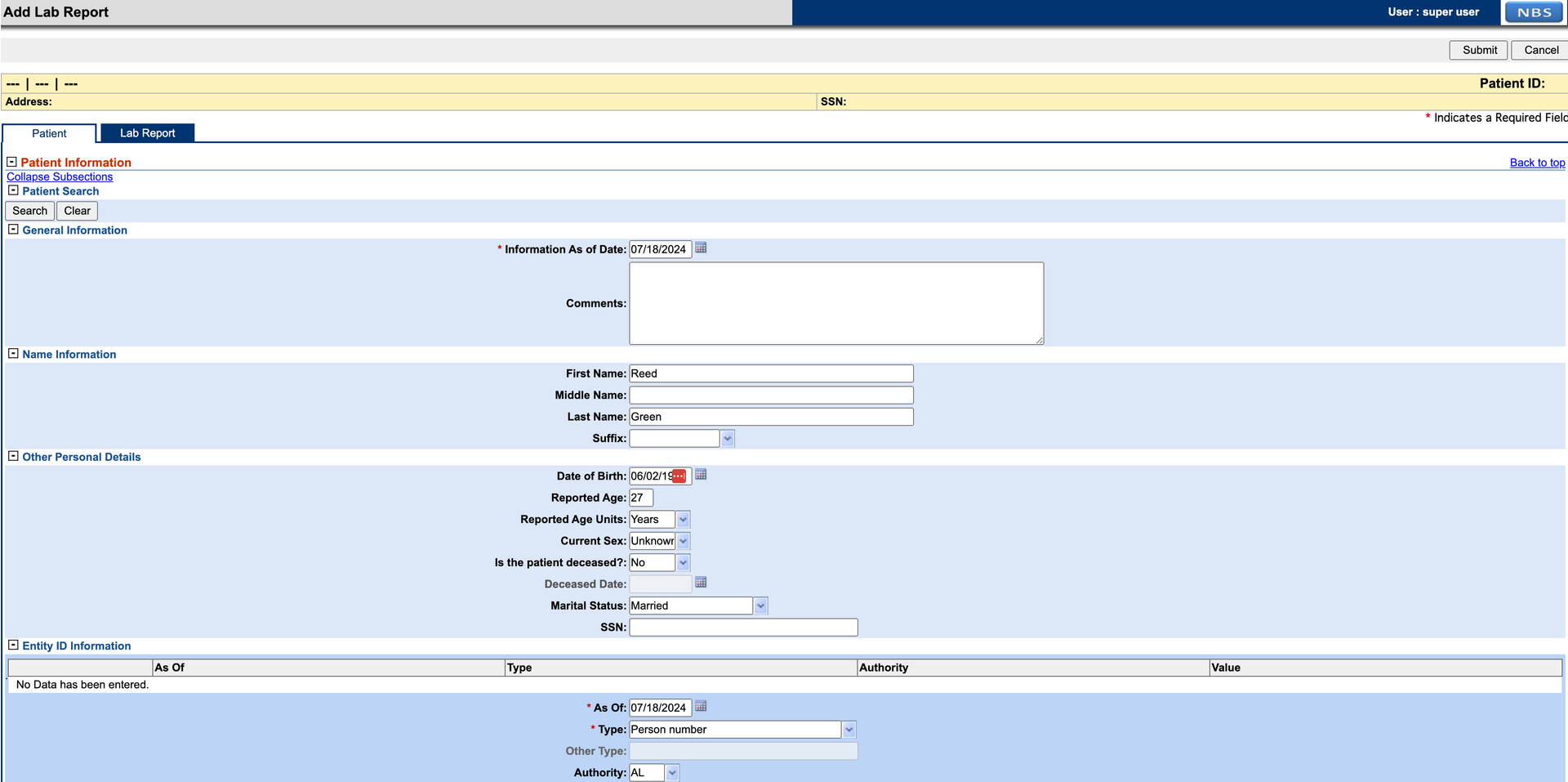 Lab report Patient tab with Entity ID and SSN authority fields