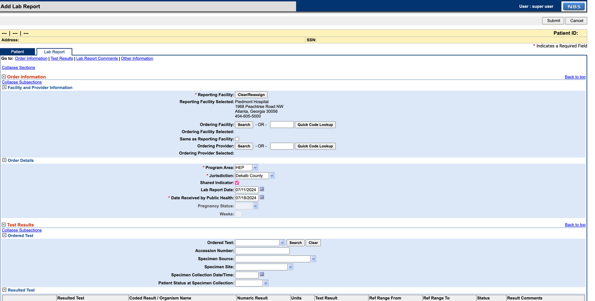 Lab Report tab with Program Area set to HEP and Resulted Test section completed