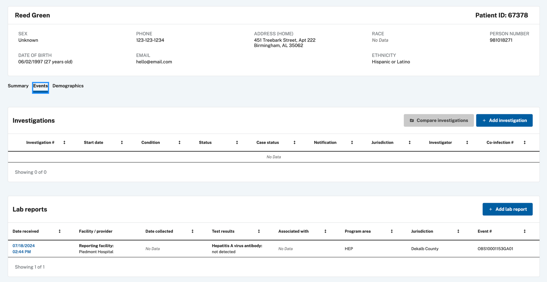 Patient record Events tab showing the submitted lab report