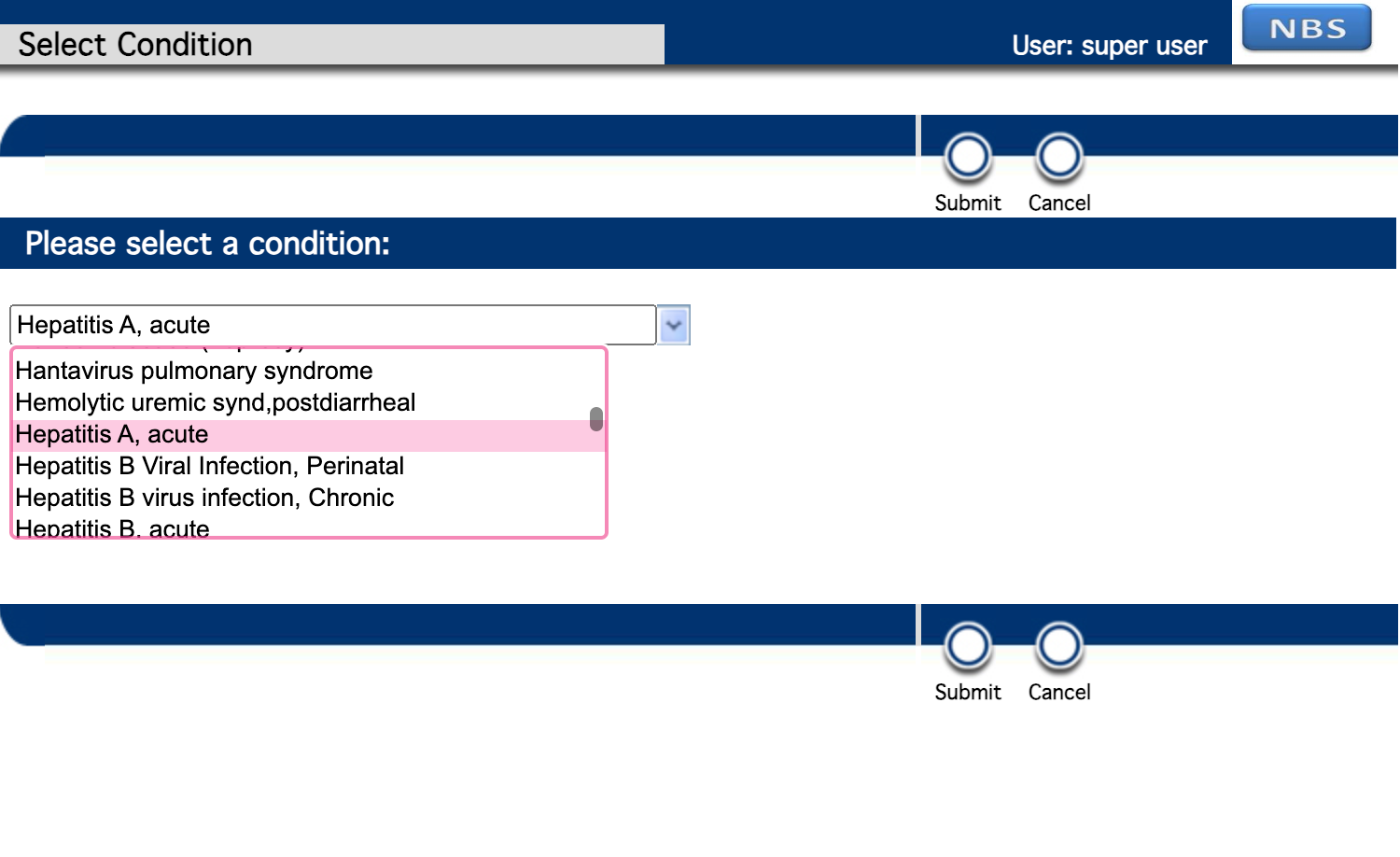 Condition selection screen with a Hepatitis condition highlighted