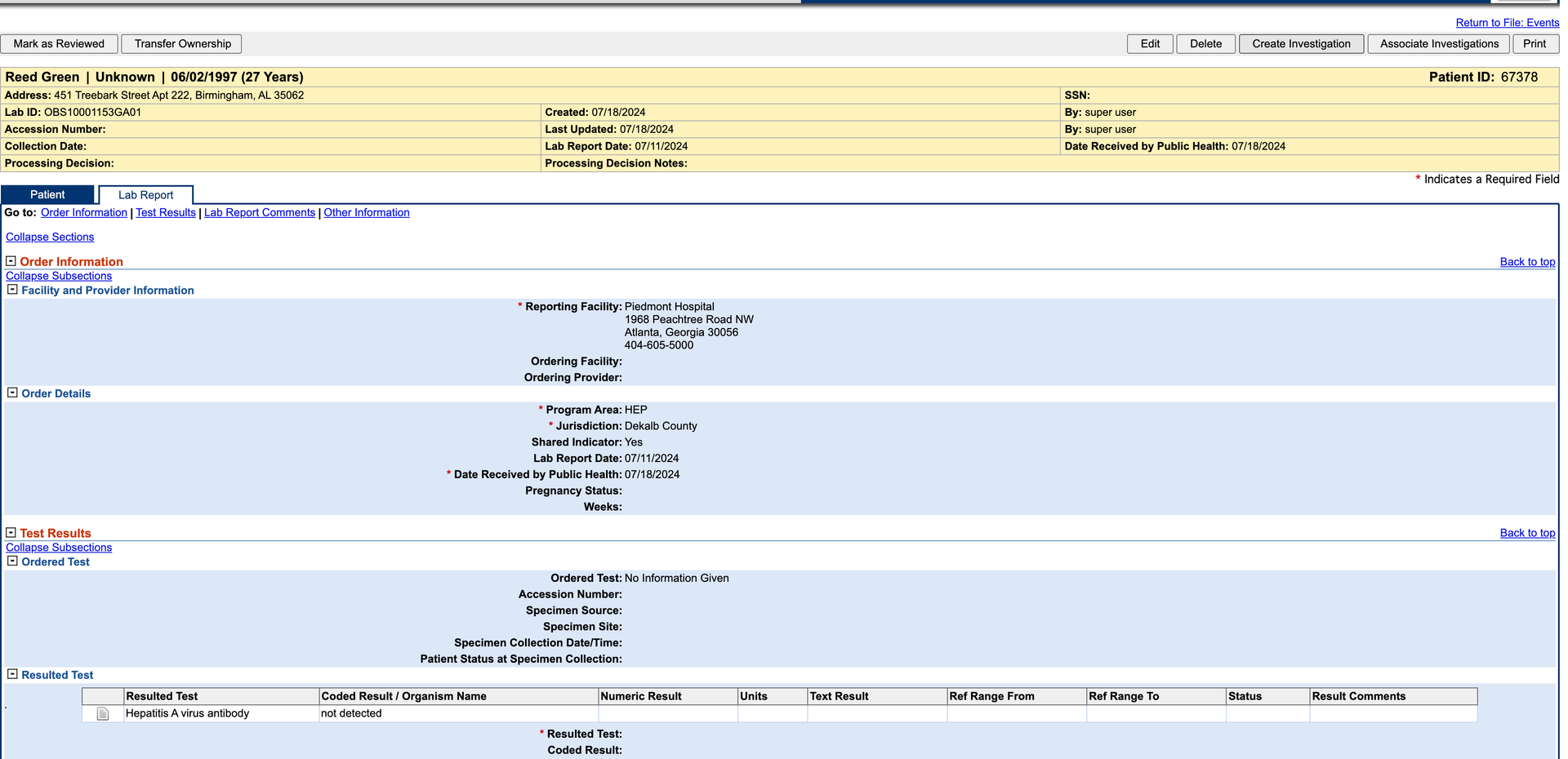 Patient record with Create Investigation button highlighted