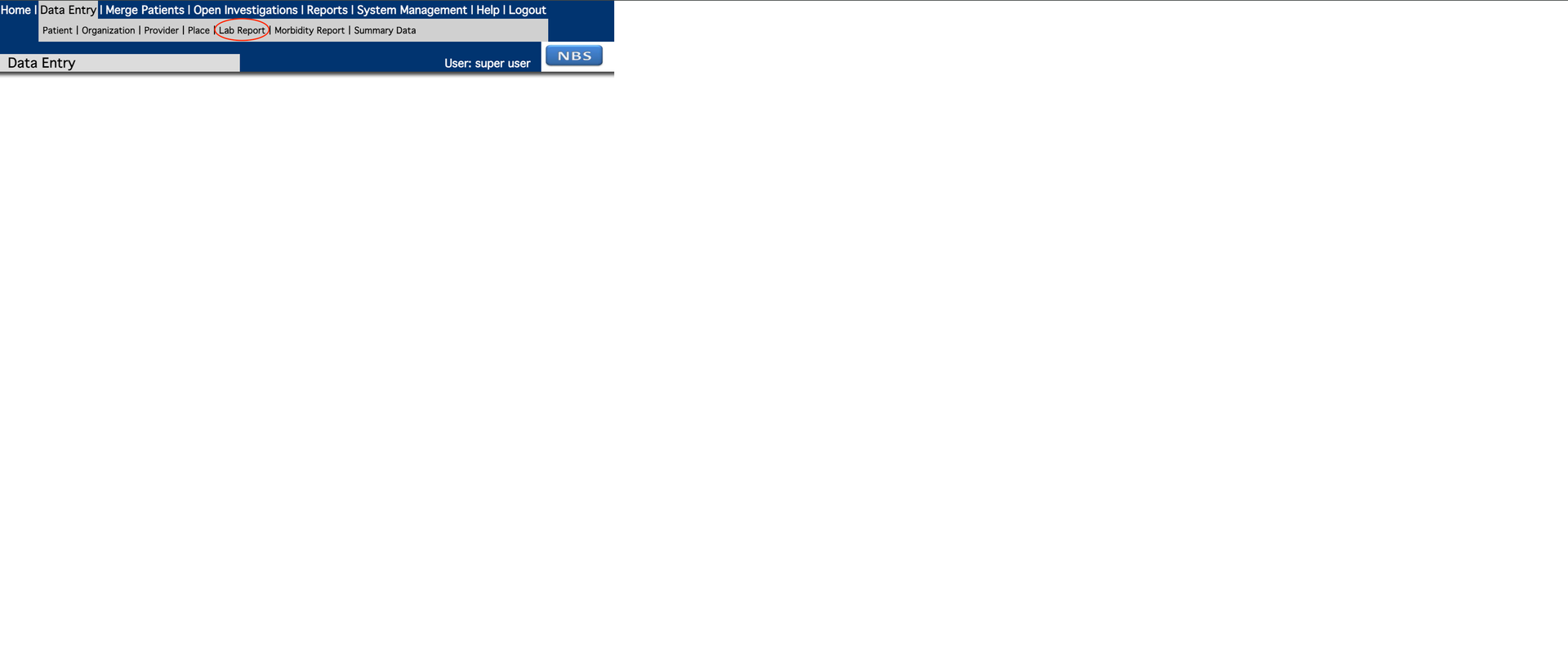 Data Entry menu with Lab Report option highlighted