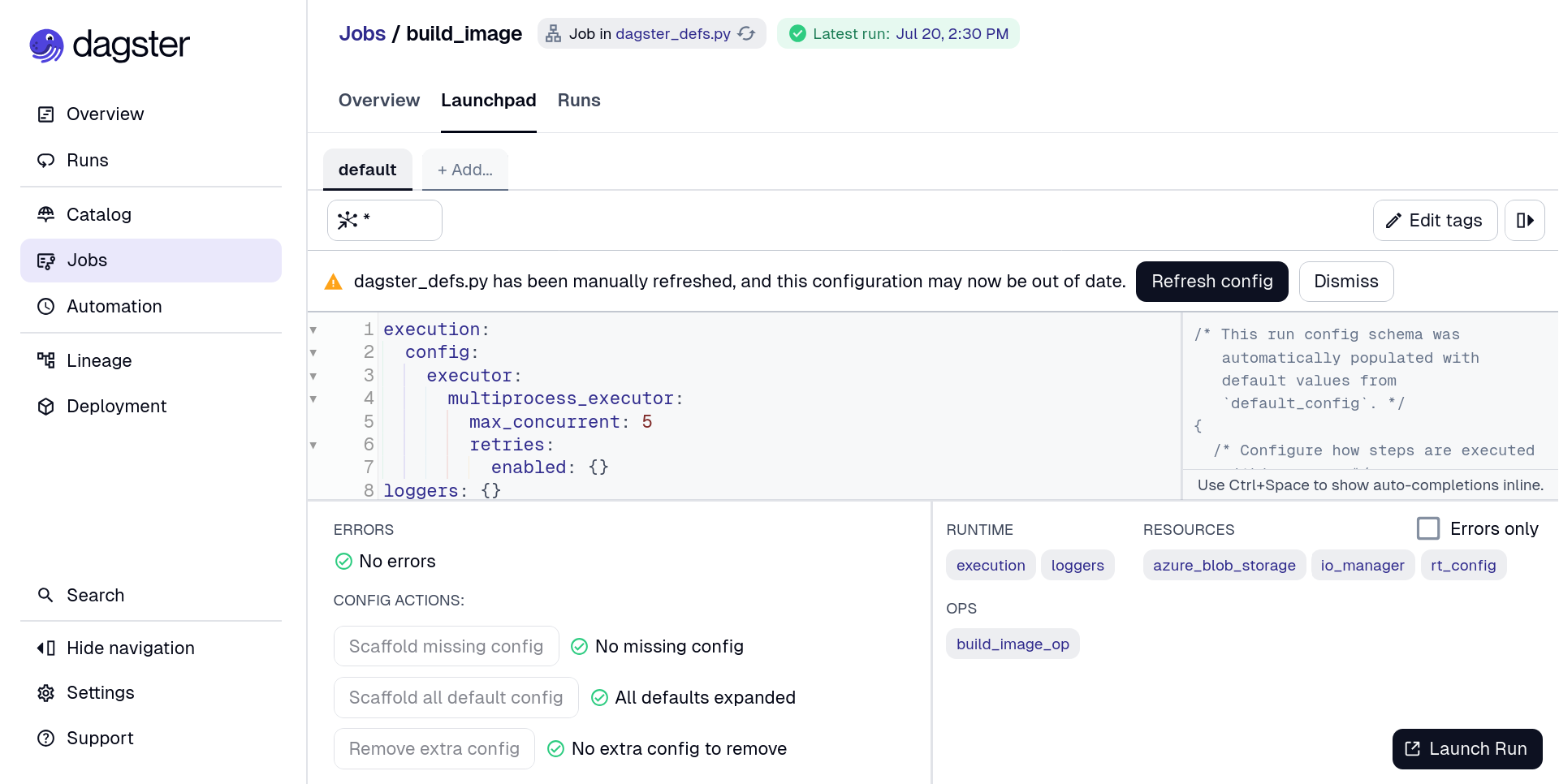 Dagster UI job launchpad