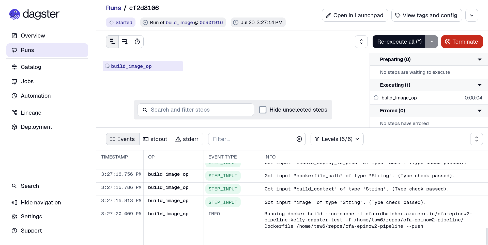 Dagster UI job running with logs printed
