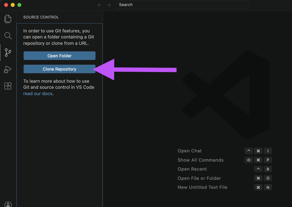 VS Code Source Control tab showing the Clone Repository button